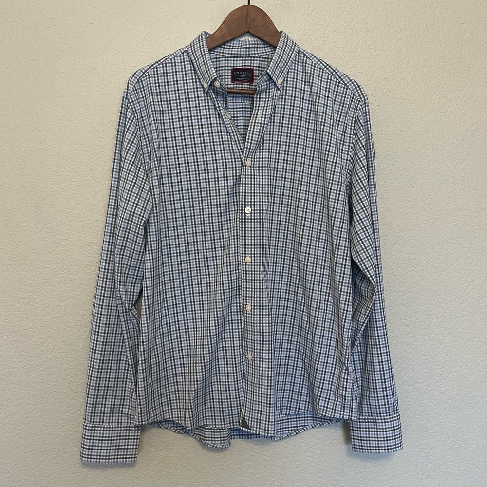 UNTUCKit Nahad Slim Fit Blue and White Plaid Button Down Shirt Men's Size Large